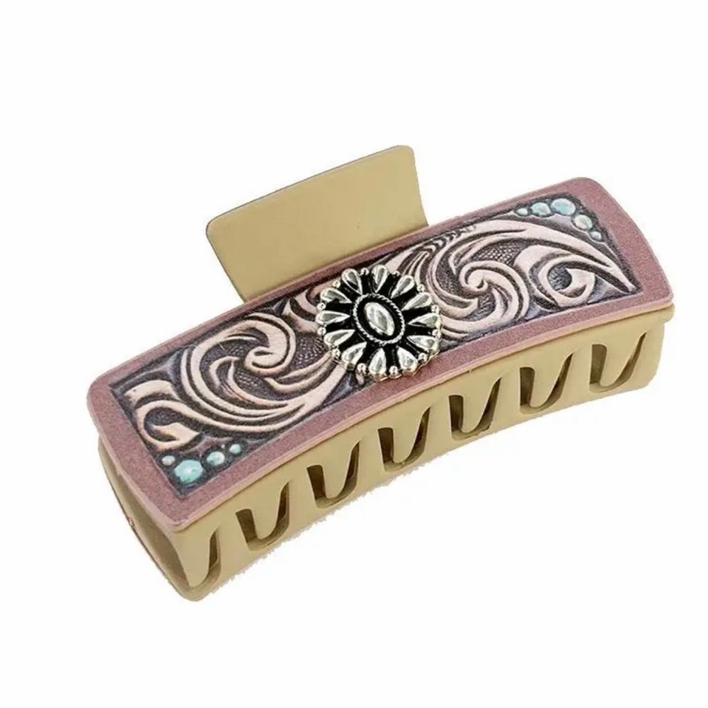 Chic Tan and Pink Hair Clip with Floral Design